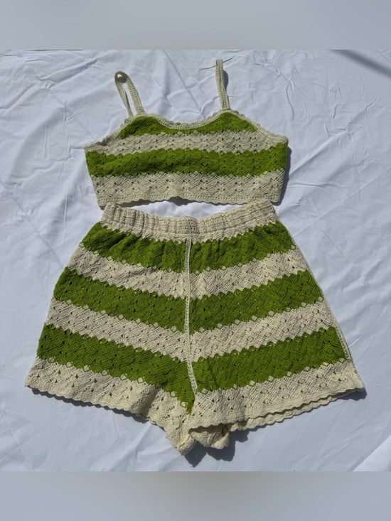 Rebellion Again Pants - Rebellion Again M Crochet Knit Two Pc Set Green Cream Boho Festival Lounge NWOT